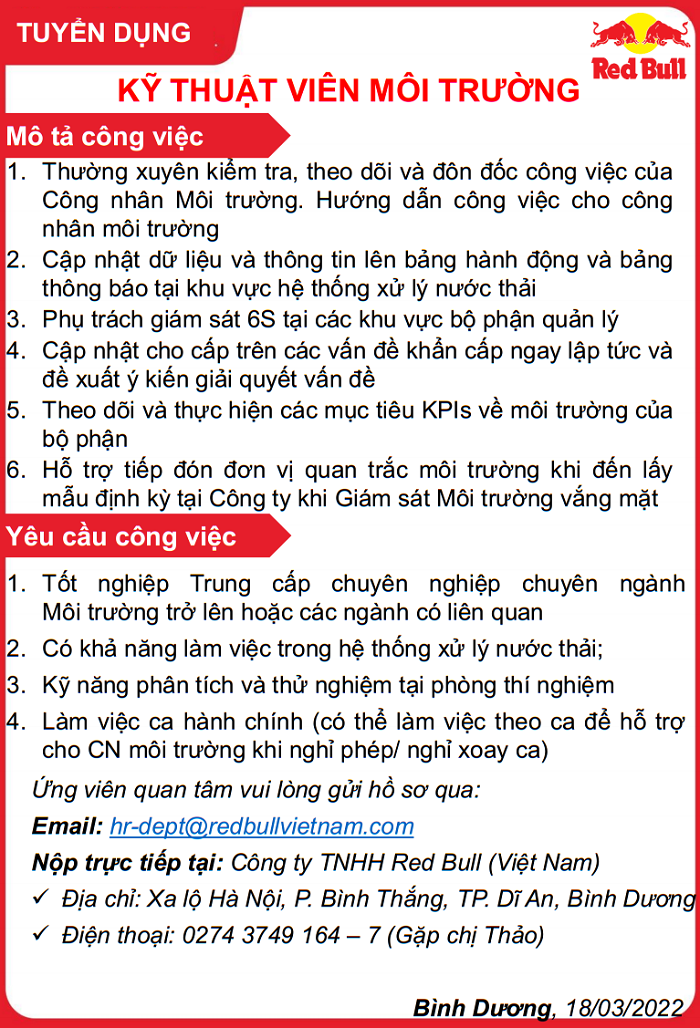 Thông báo tuyển dụng kỹ thuật viên môi trường